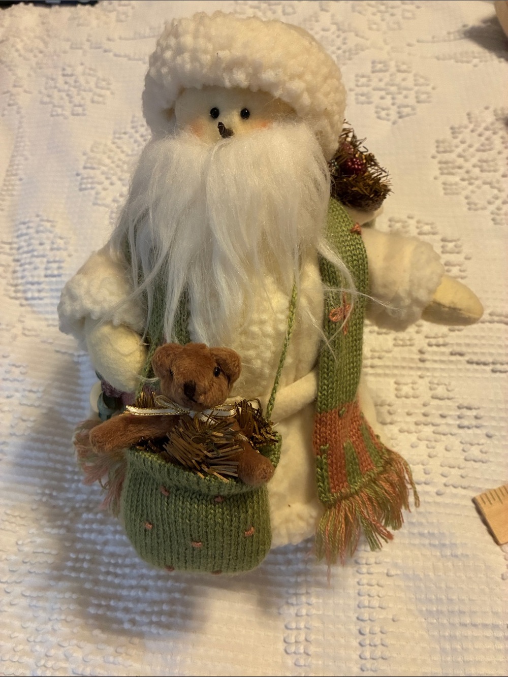 Cream Santa Figurine with Green Knit Scarf and Teddy Accent